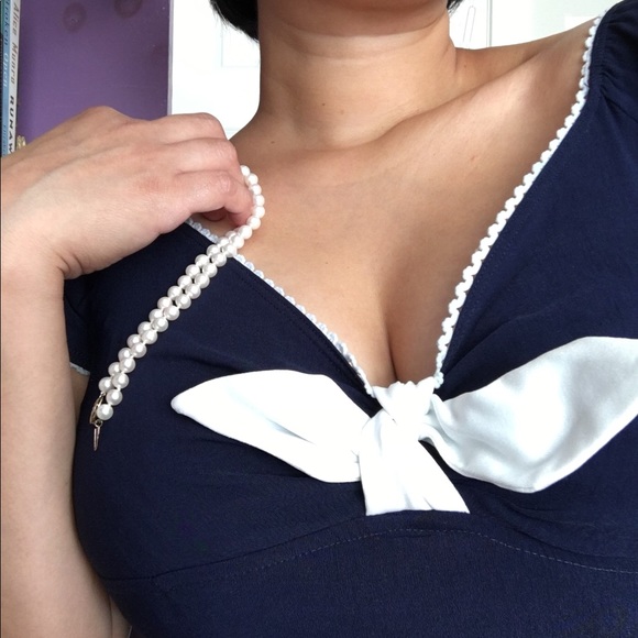 Sexy Pinup Girl Navy Blue Wiggle Dress (M) - Picture 3 of 7